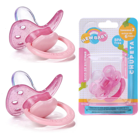 CHUPETA GLITER ROSA SILICONE BICO ASSIMÉTRICO BLISTER (24PÇS)-NEW BABY - Imagem 2